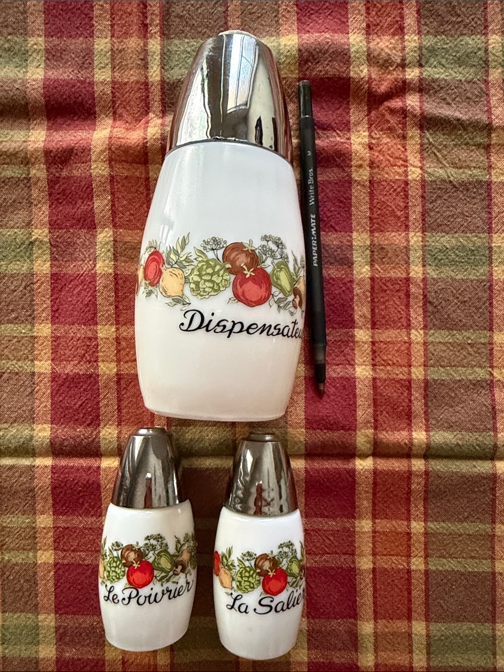 French inspired ceramic Dispensers and Spice Set with Harvest Vegetable Motif